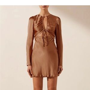 Shona Joy FELICITY LONG SLEEVE CUT OUT FRONT MINI DRESS - ALMOND US 4